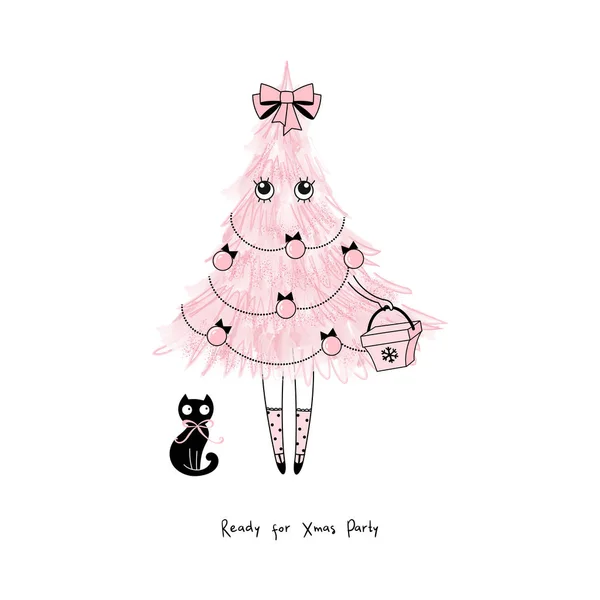 Menina vestindo traje de árvore de Natal mão desenhada ilustração vetorial — Vetor de Stock