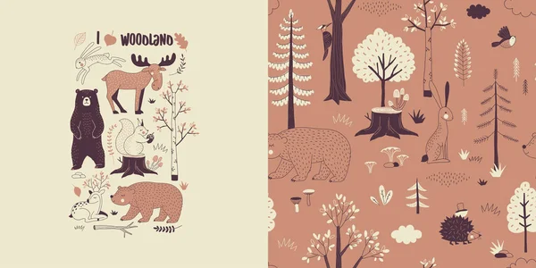 Forest wildlife childish fashion textile graphics set with t-shirt print and accompanied tileable background. — Stock Vector