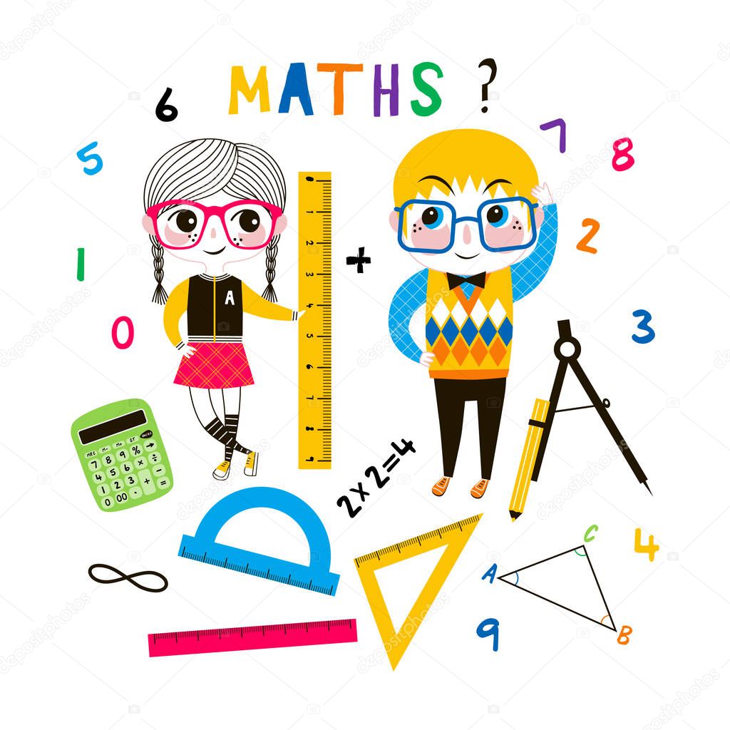 Children at maths lesson flat vector illustrations set
