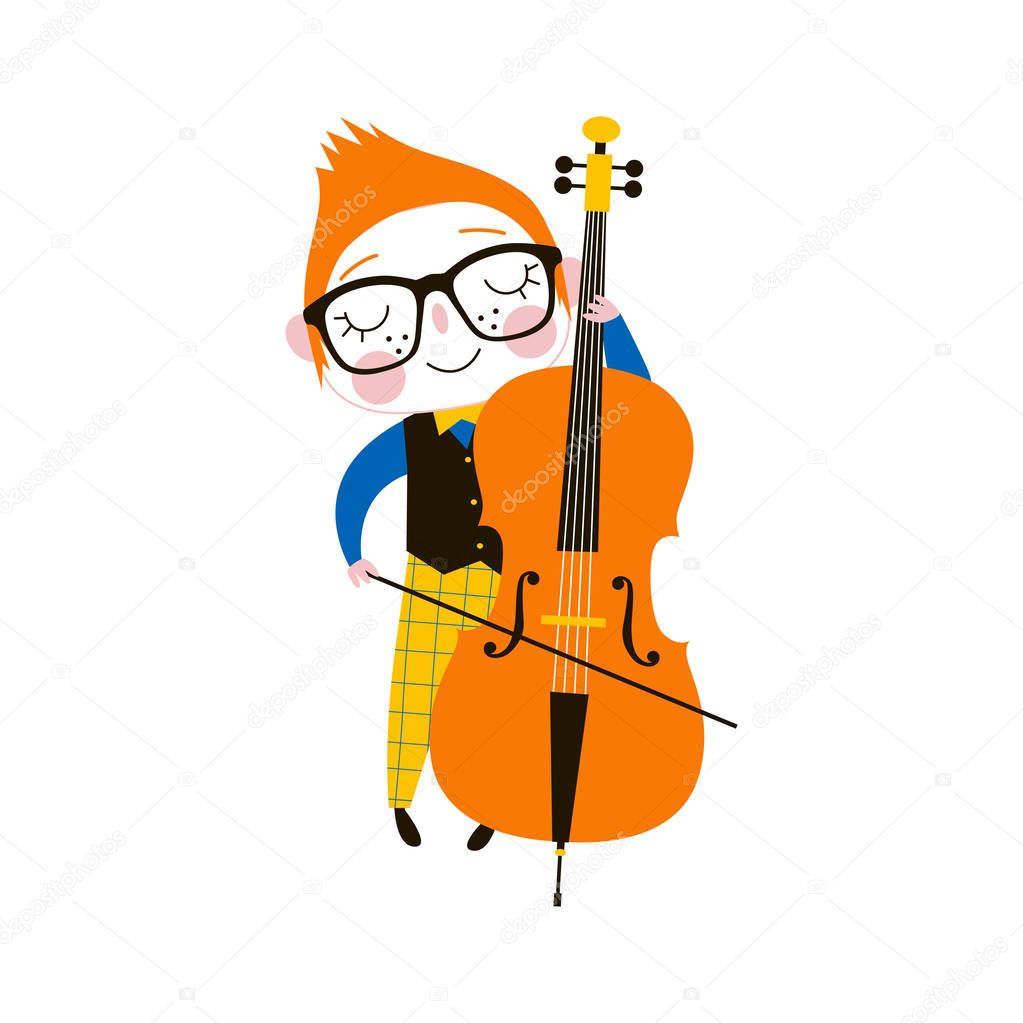 Young double bass player flat vector illustration