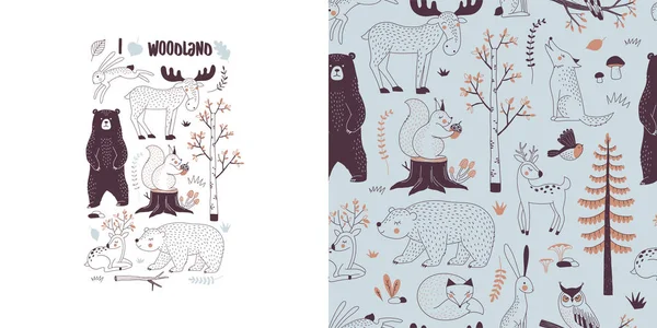 Forest Wildlife barnslig Fashion textil grafik set med t-shirt Print och åtföljas beläggnings bakgrund. — Stock vektor