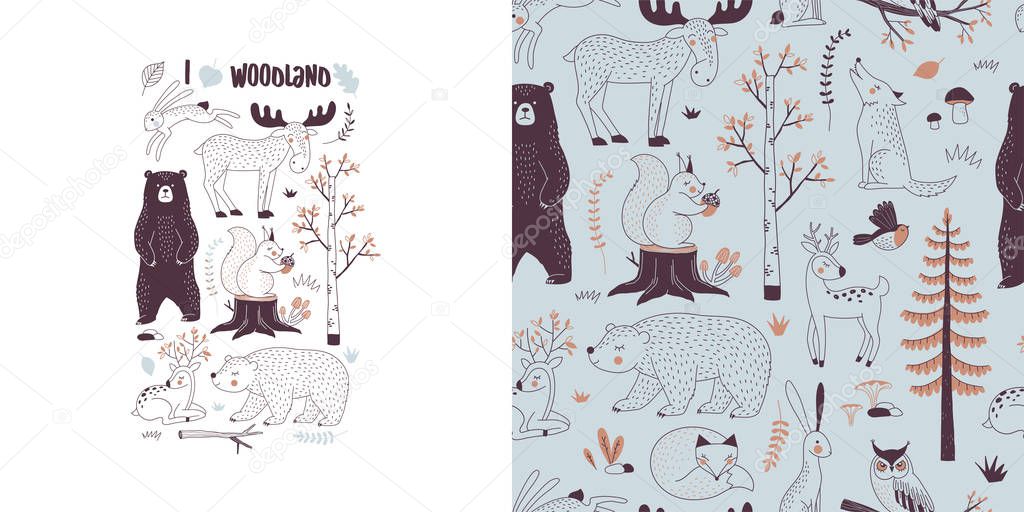Forest wildlife childish fashion textile graphics set with t-shirt print and accompanied tileable background.