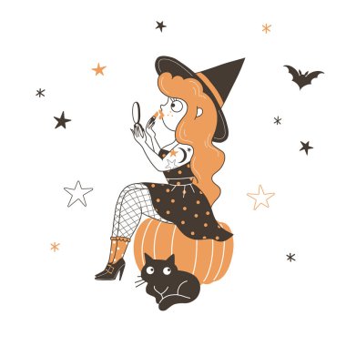 Cadı makyaj düz vektör illüstrasyon yapıyor