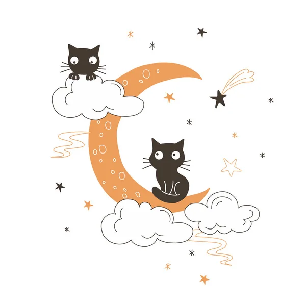 月の平らなベクトルイラストの黒猫 — ストックベクタ
