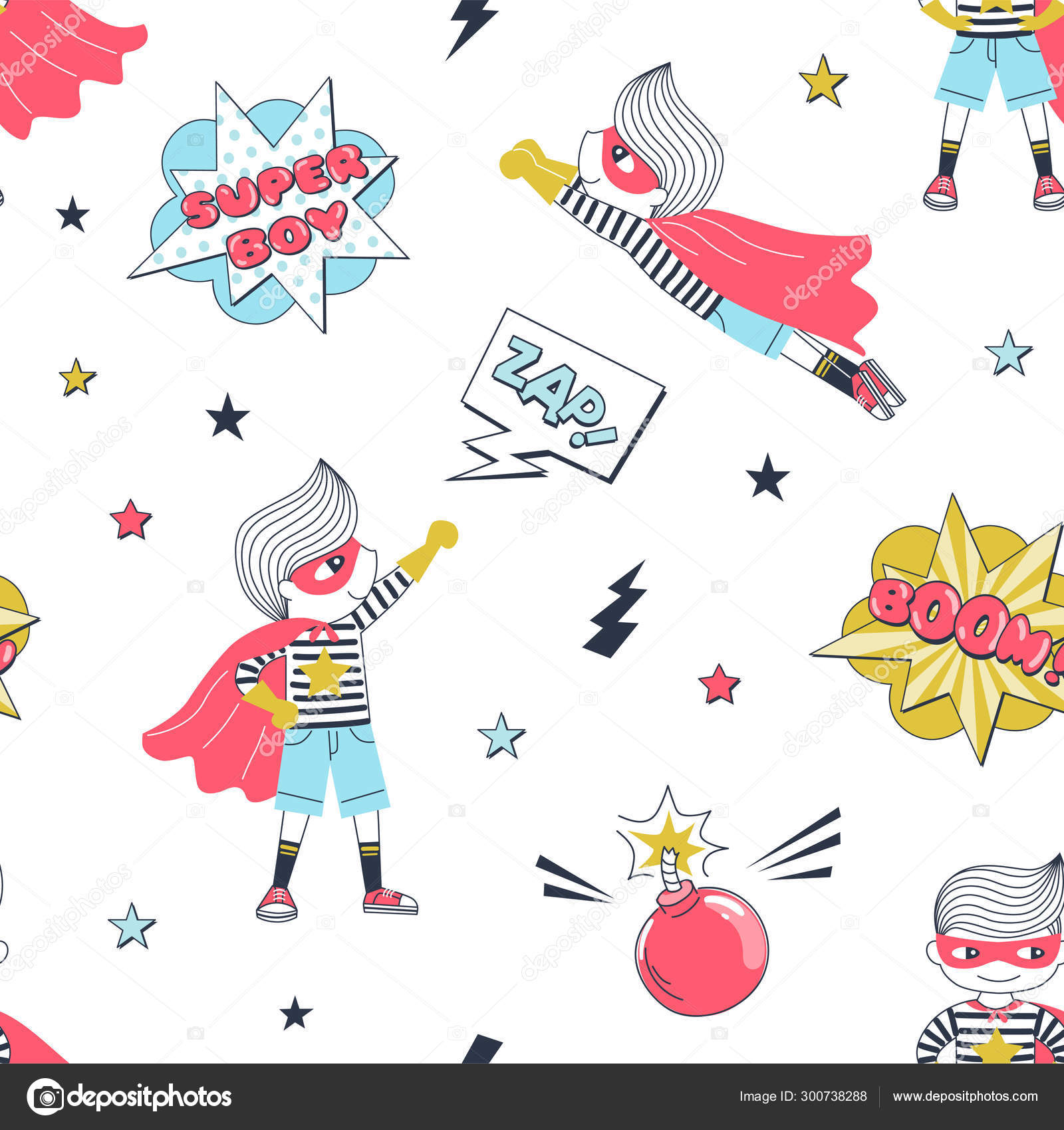 Super-herói crianças desenho animado vetor sem costura padrão Vetor de  ©olga.angelloz 300738288, image size:1600x1700