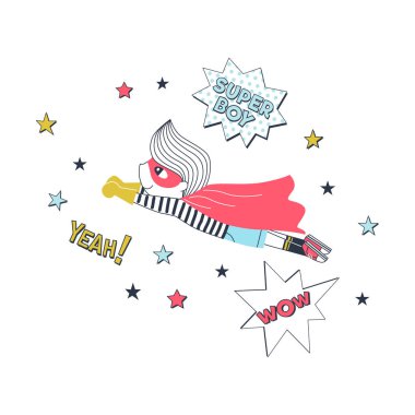 Cape vektör illüstrasyonunda uçan süper çocuk