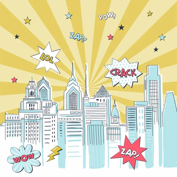 Süper kahraman çizgi roman şehir vektör illüstrasyonu