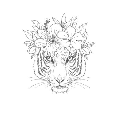 Çiçek çelenk el çizilmiş kroki ile Tiger