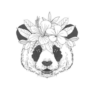 Çiçek çelenk el çizilmiş kroki ile Panda