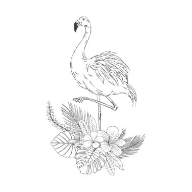 Çiçek buket el çizilmiş kroki üzerinde Flamingo