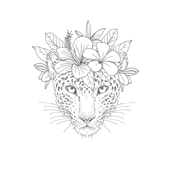 Cheetah dengan karangan bunga tangan digambar sketsa - Stok Vektor