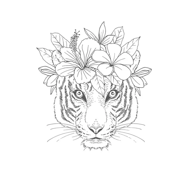 Tiger with floral wreath hand drawn sketch — Stock Vector