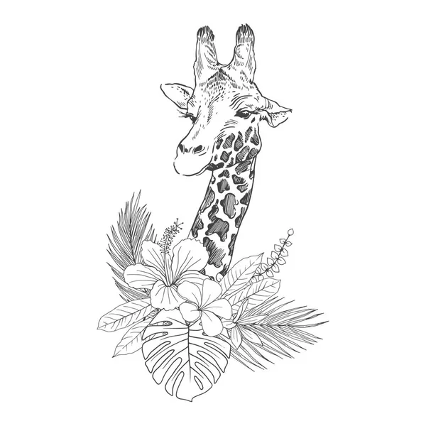 Cachorro de jirafa con flores boceto dibujado a mano — Vector de stock