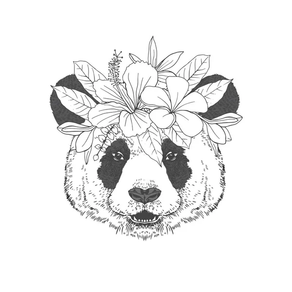 Panda con ghirlanda floreale schizzo disegnato a mano — Vettoriale Stock