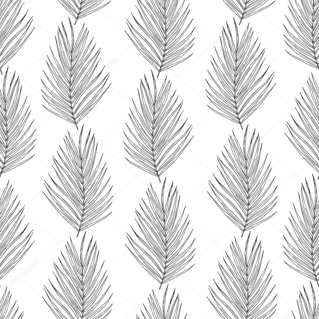 Palm tree leaves black ink seamless pattern