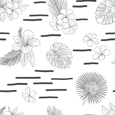 Tropikal çiçekler ve yapraklar kabataslak dikişsiz desen