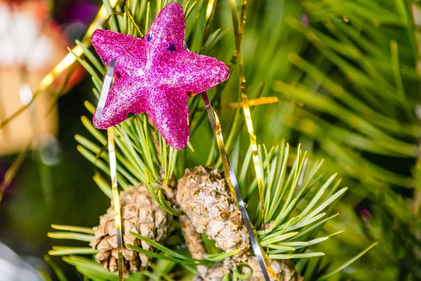 Brinquedo Ano Novo Estrela Pendurada Ramo Árvore — Fotografia de Stock