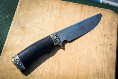 Tahta üzerinde siyah saplı demir bir bıçak..