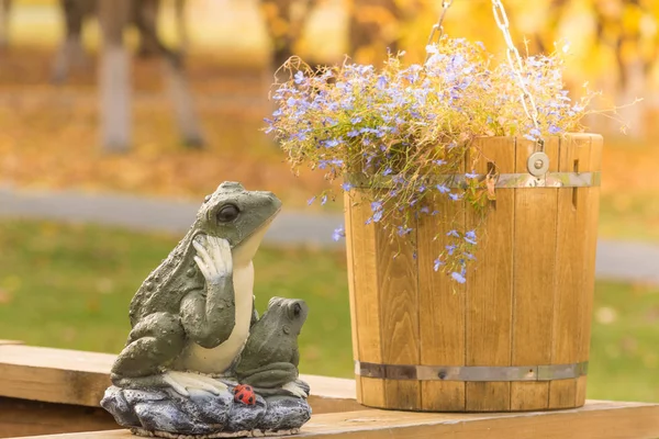 在阳光下，在木桶中精致的花丛旁的青蛙装饰雕像. — 图库照片