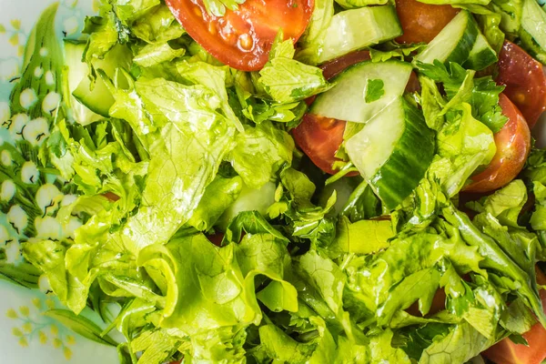 Ensalada verde fresca de tomate y pepino en plato en la mesa de la cocina . — Foto de Stock