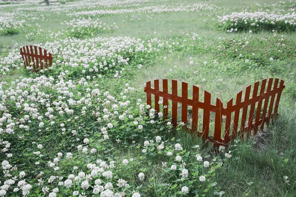 Beautiful wooden fence in the meadow with flowers.