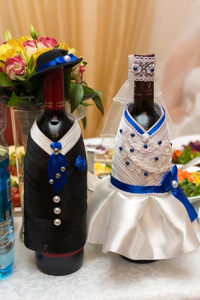 close up of Wedding wine bottles