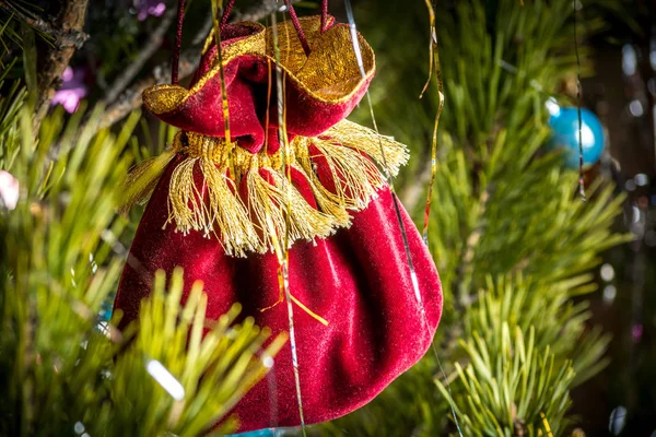 Big Red Pouch Hanging Branch Christmas Tree — Stock Photo, Image