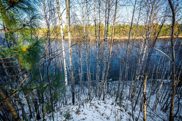 Rio Fluxo Inverno Floresta Encontra Atinge Margens Taiga Siberiana — Fotografia de Stock