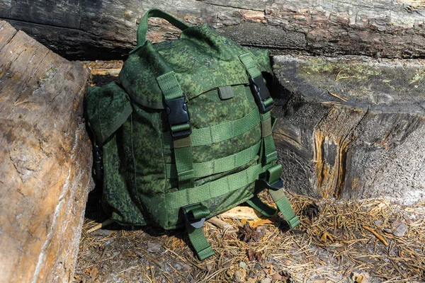 Military Green Backpack Equipment Lies Charred Tree Trunks Summer Forest — Stock Photo, Image