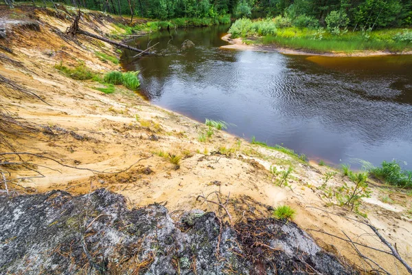 木材の遠隔タイガで流れる川を持つ大きな砂浜. — ストック写真
