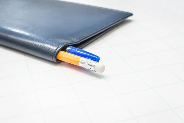 Classic Blue Pen Yellow Pencil Lying Little Blue Folder Study — Stock Photo, Image