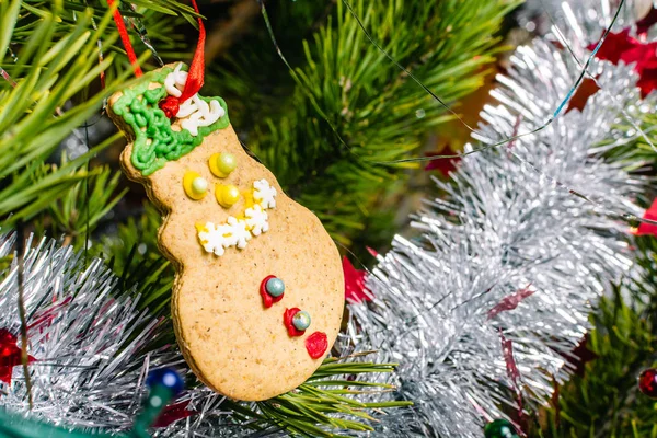 New Years Toy Cookies Opgehangen Aan Een Boomtak — Stockfoto