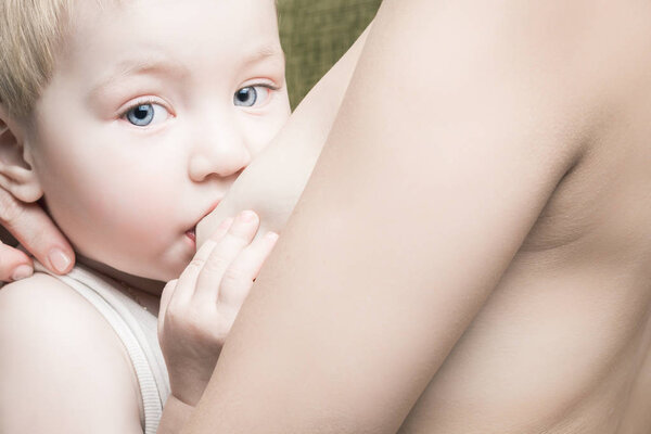 Beautiful little baby is eating breast milk from his mother