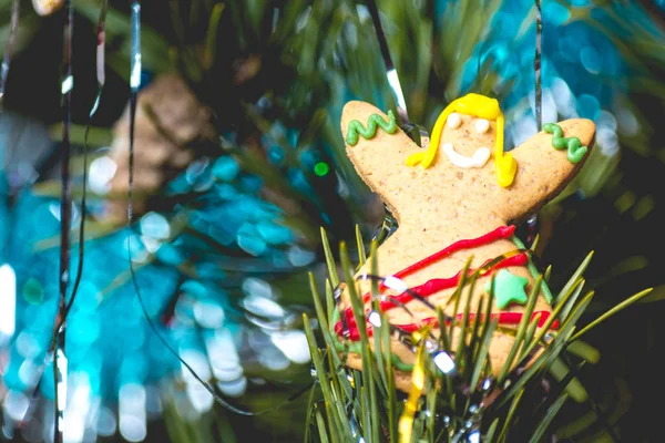 Brinquedo Ano Novo Biscoitos Suspensos Ramo Árvore — Fotografia de Stock