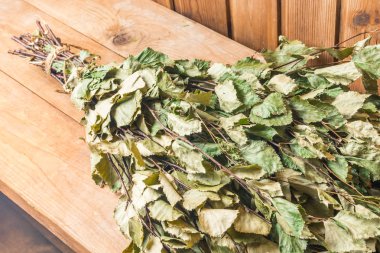 Banyoda bir bankta yeşil huş süpürgesi