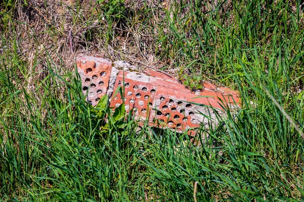 Червоні цеглини лежать в траві — стокове фото