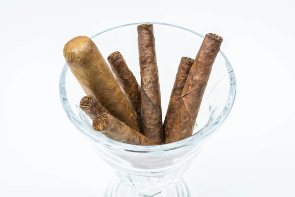 Thick Cigars Twisted Sheets Glass Bowl White Background — Stock Photo, Image