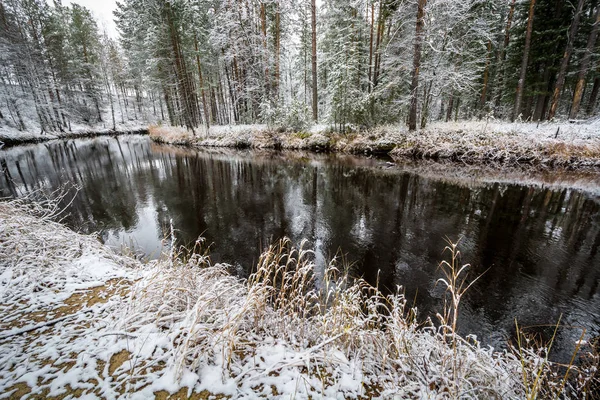 Rio Fluxo Inverno Floresta Encontra Atinge Margens Taiga Siberiana — Fotografia de Stock