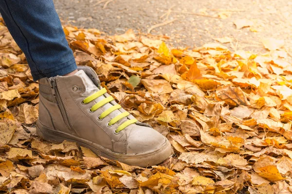 Been van kind met baby sneakers en groene veters voor het draaien op gele bladeren op een herfst dag. — Stockfoto