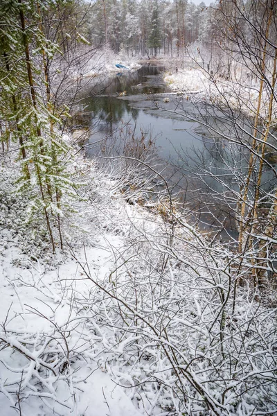 Rio Fluxo Inverno Floresta Encontra Atinge Margens Taiga Siberiana — Fotografia de Stock