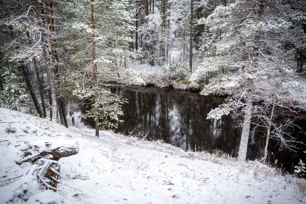 Rio Fluxo Inverno Floresta Encontra Atinge Margens Taiga Siberiana — Fotografia de Stock