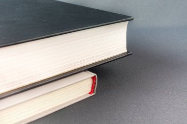 Siyah kalın kitap gri bir kitap dayanıyor