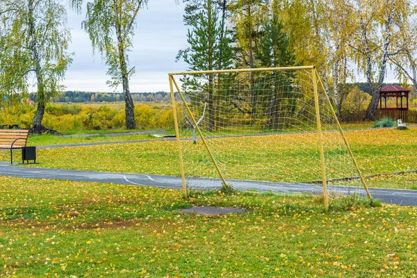 Wide gate with white net on grass for playing football in recreation area in autumn. — Stock Photo, Image