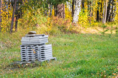 Bina ev için beton karo sonbahar öğleden sonra orman yakınında ahşap standı üzerinde duruyor.