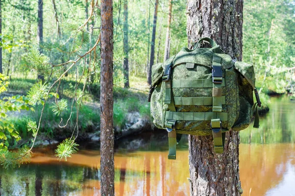 小小的绿色旅行背包挂在树枝上，对林中的河流. — 图库照片