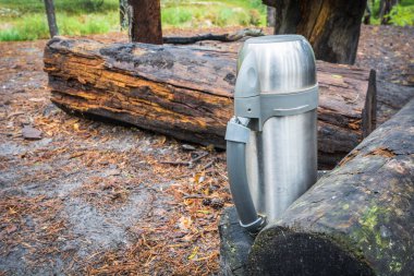 Sıcak çay veya kahve için demir yürüyüş termos ormanda günlükleri yakın zemin üzerinde.