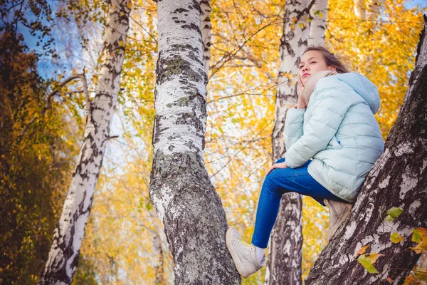 Girl in scarf and blue down jacket sits on birch with her feet on an autumn cool day. — Stock Photo, Image