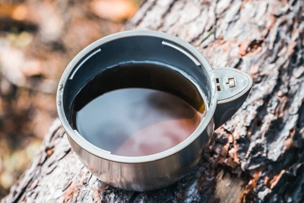 जंगलात पाइन ट्रीवर हायकिंग ट्रिपमध्ये गरम करण्यासाठी थर्मोससह चहाचा मग . — स्टॉक फोटो, इमेज