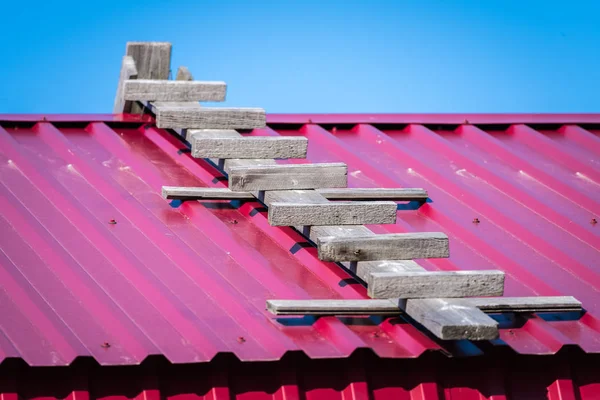 Iron roof from red professional flooring with wooden ladder. — Stock Image Iron roof from red professional flooring with wooden ladder. Stock Picture