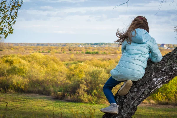青いダウンジャケットで散らばった髪を持つ女の子は、高い白樺の木の上に座って、秋の日に遠くに拭きます. — ストック写真